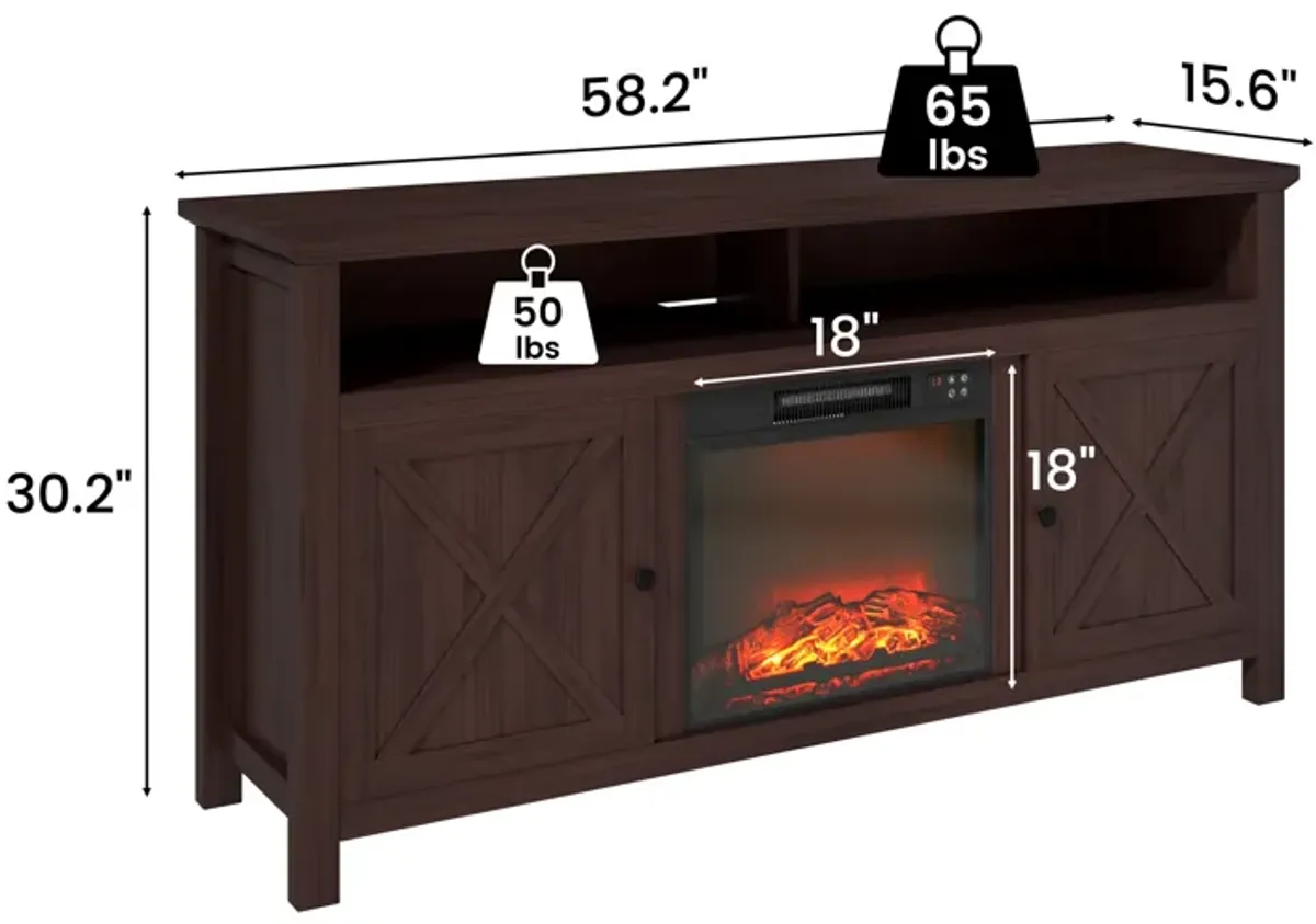 Mondawe 58.23-in W Brown TV Stand with Fan-forced Flat Wall Electric Fireplace with Remote Control Included