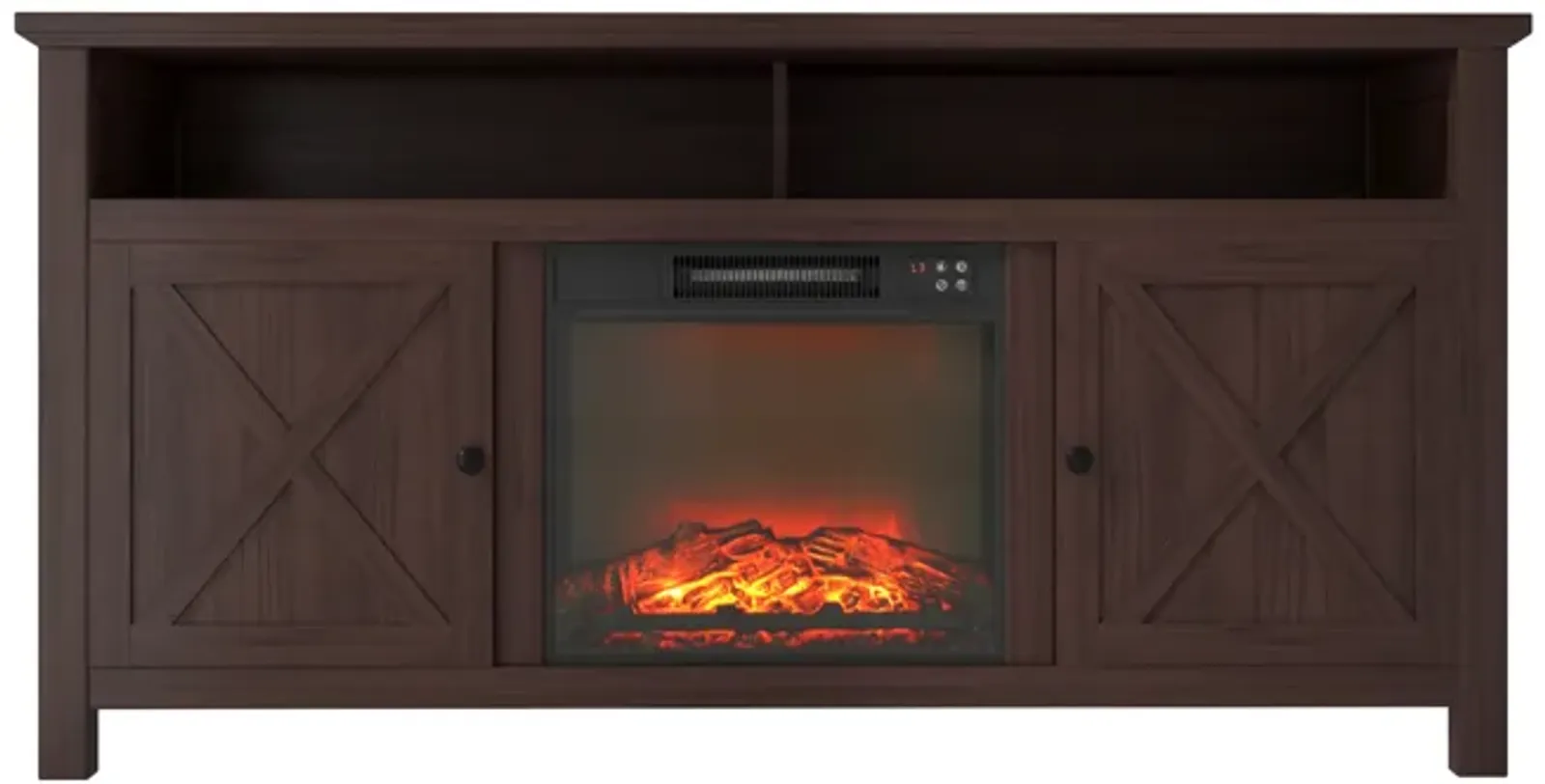 Mondawe 58.23-in W Brown TV Stand with Fan-forced Flat Wall Electric Fireplace with Remote Control Included