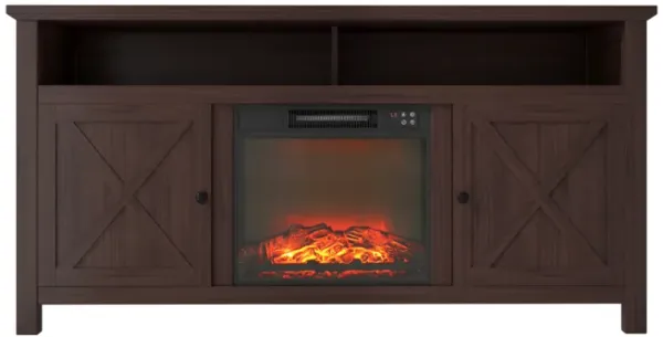 Mondawe 58.23-in W Brown TV Stand with Fan-forced Flat Wall Electric Fireplace with Remote Control Included