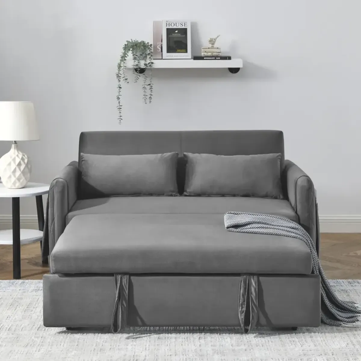 55" Modern Convertible Sofa Bed With 2 Detachable Arm Pockets, Velvet Loveseat Sofa With Pull Out