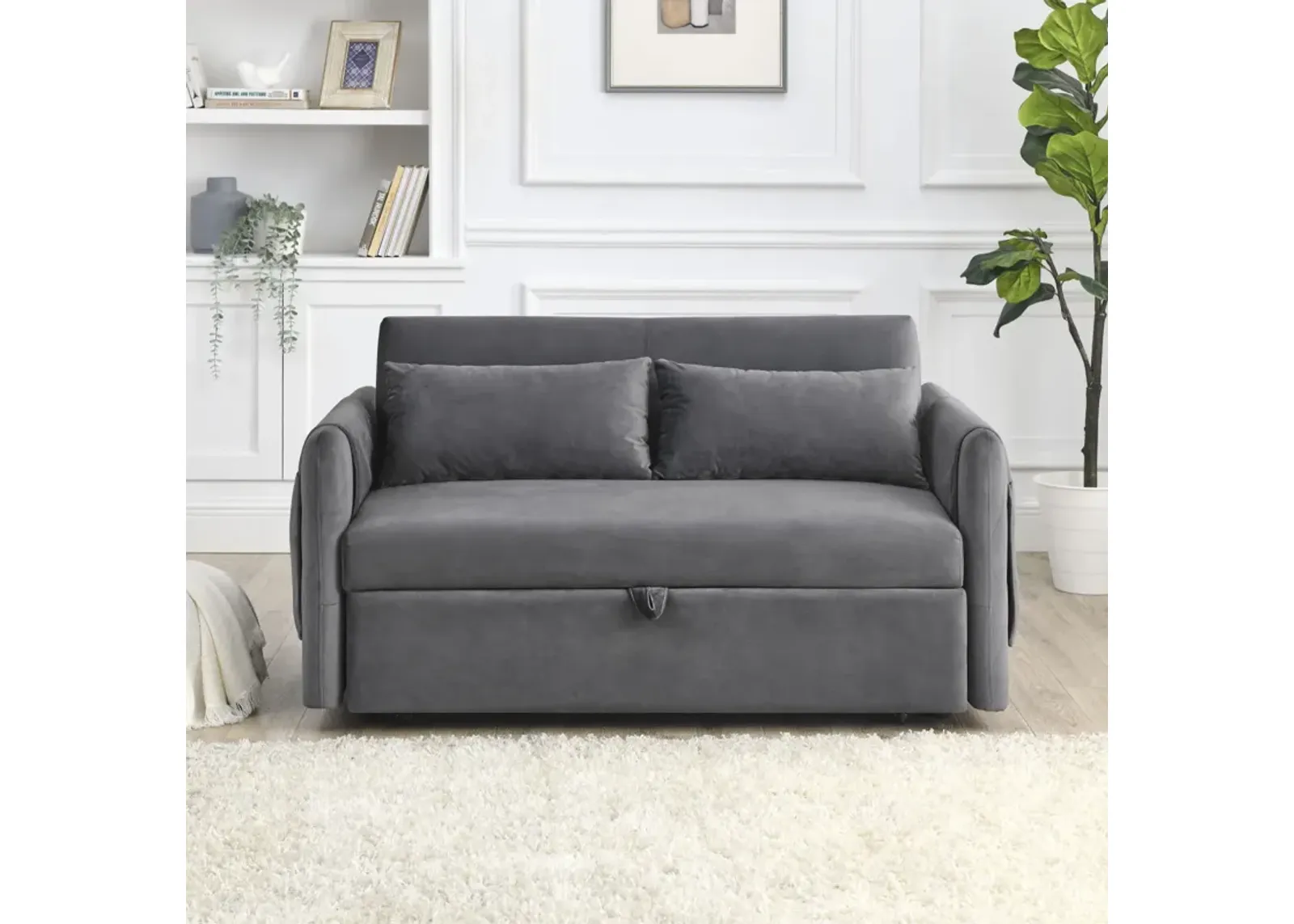 55" Modern Convertible Sofa Bed With 2 Detachable Arm Pockets, Velvet Loveseat Sofa With Pull Out