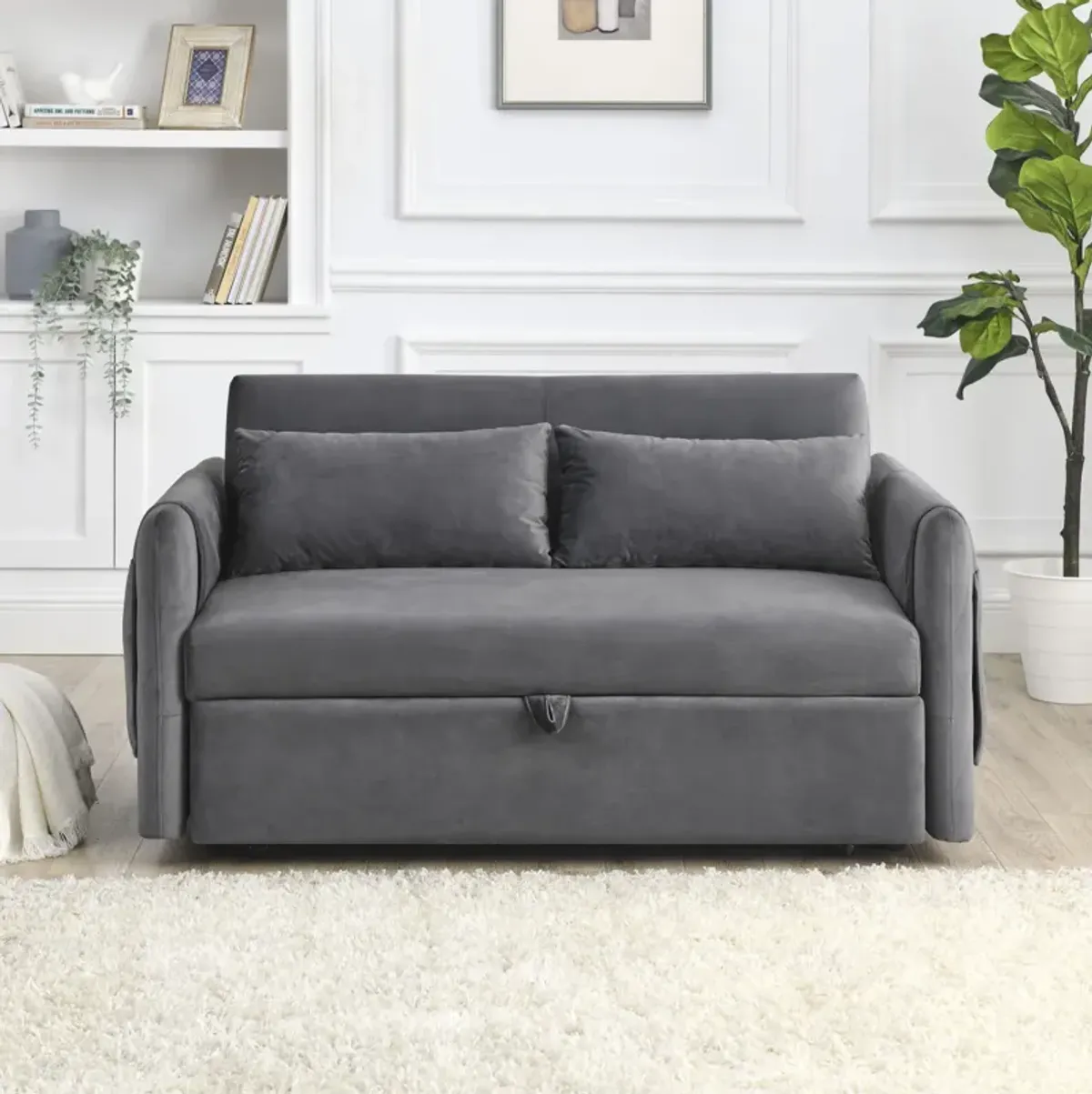 55" Modern Convertible Sofa Bed With 2 Detachable Arm Pockets, Velvet Loveseat Sofa With Pull Out