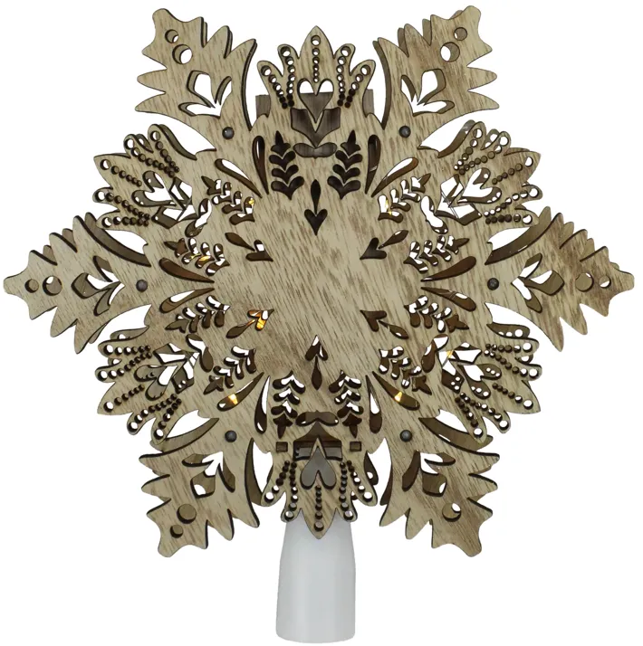 8.5" Lighted Brown Wooden Snowflake Christmas Tree Topper - Clear Lights