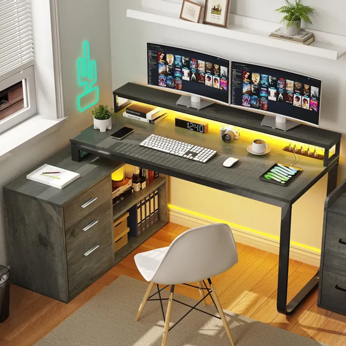 YITAHOME L Shaped Desk with Drawers, 55 Corner Computer Desk with Power Outlets, L-Shaped Desk with LED Lights & File Cabinet
