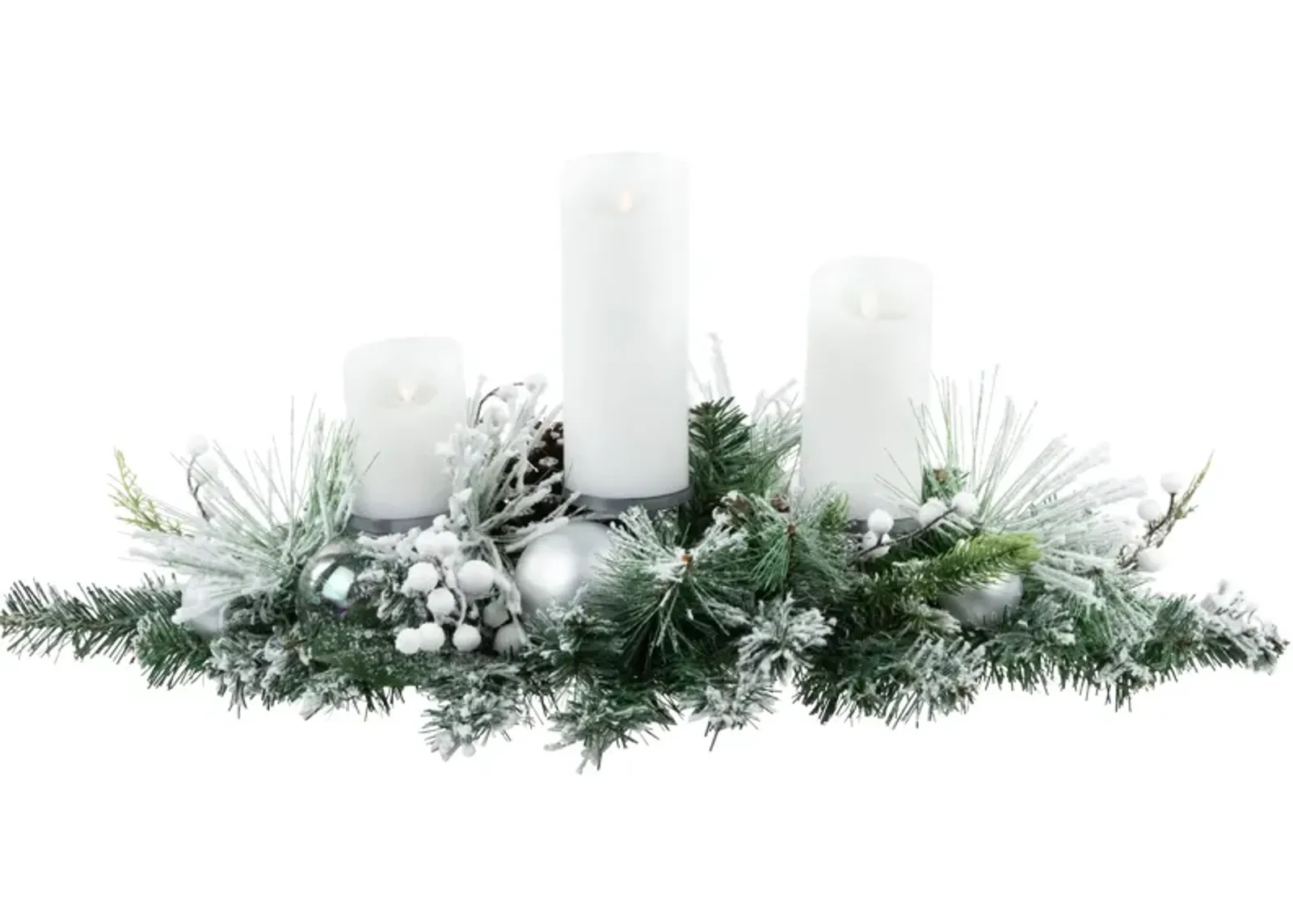 30" Green Flocked Pine Triple Candle Holder and Iridescent Christmas Ornaments