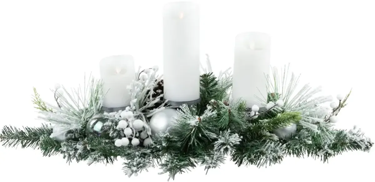 30" Green Flocked Pine Triple Candle Holder and Iridescent Christmas Ornaments