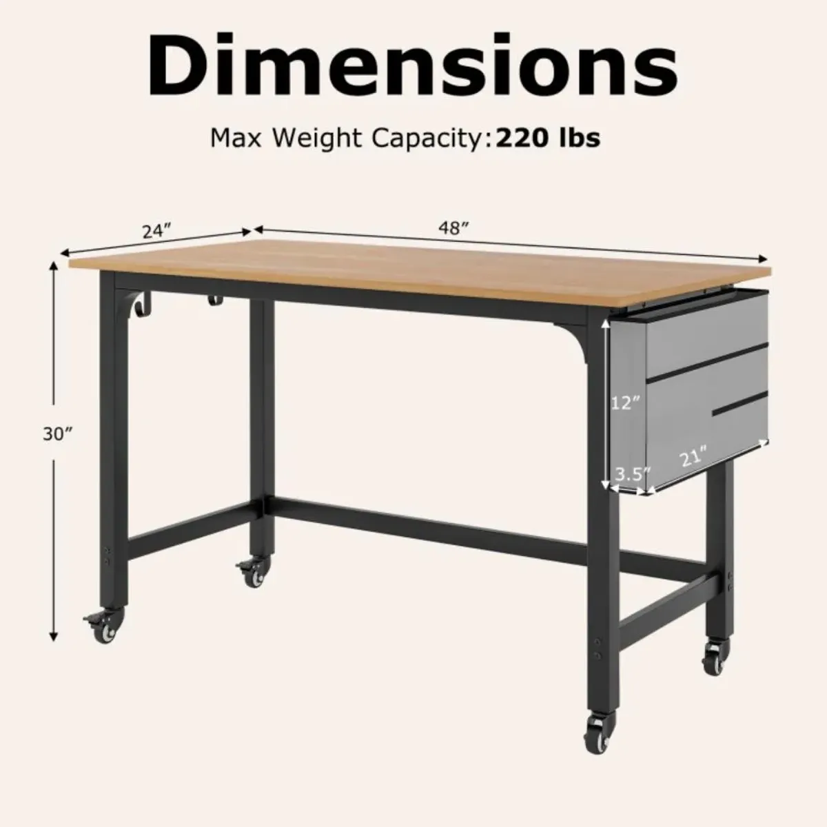 Hivvago 48 Inch Mobile Computer Workstation with 4 Smooth Casters