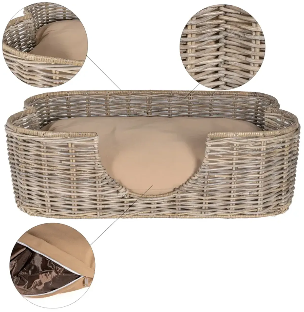 Scallop Tropical Handwoven Rattan Dog Bed with Machine Washable Cushion