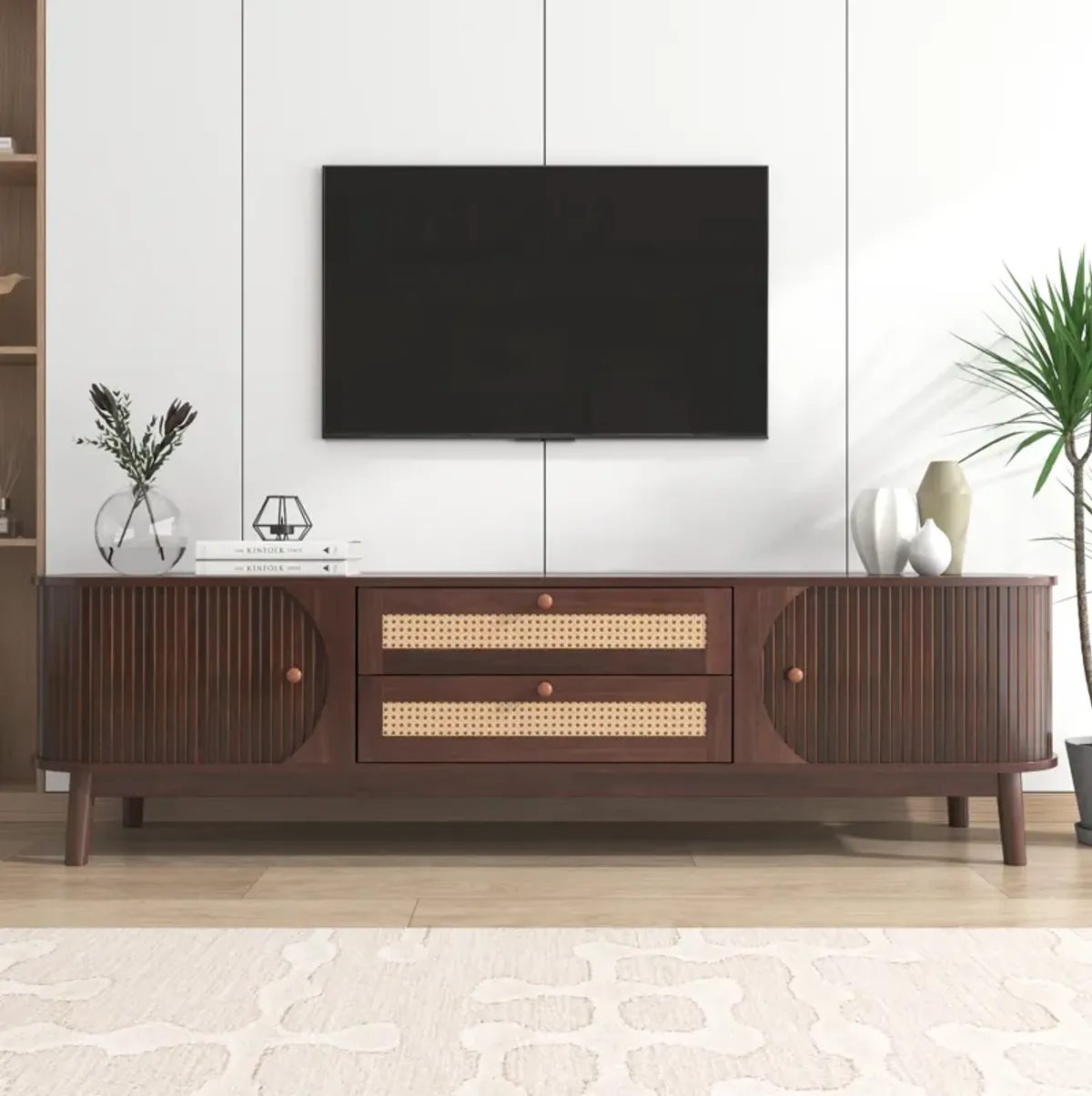 Merax Farmhouse Media Console Table Rattan TV Stand