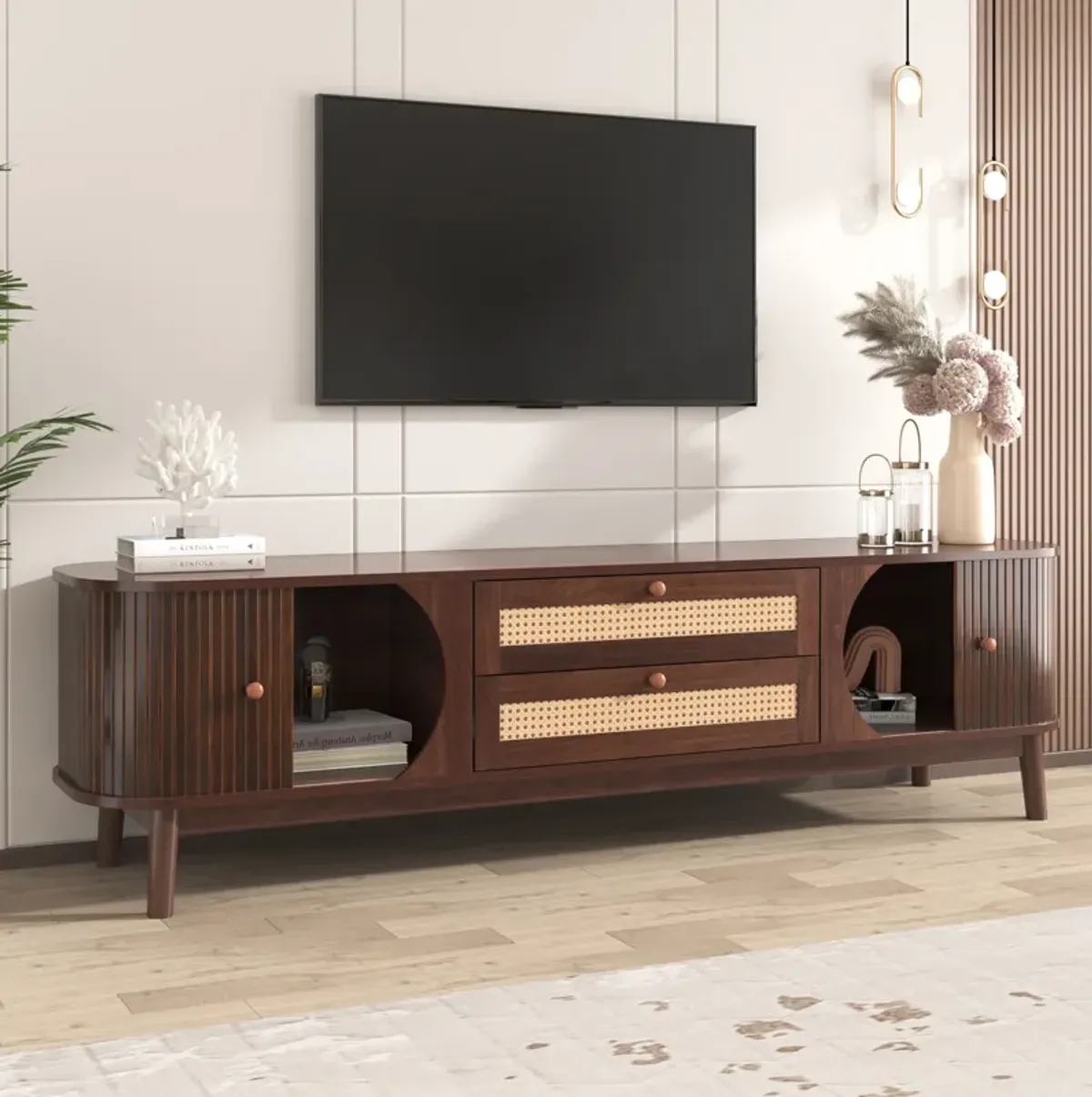 Merax Farmhouse Media Console Table Rattan TV Stand