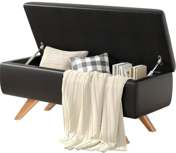 Hivvago Mid-Century Modern Black Faux Leather End of Bed Storage Bench Ottoman