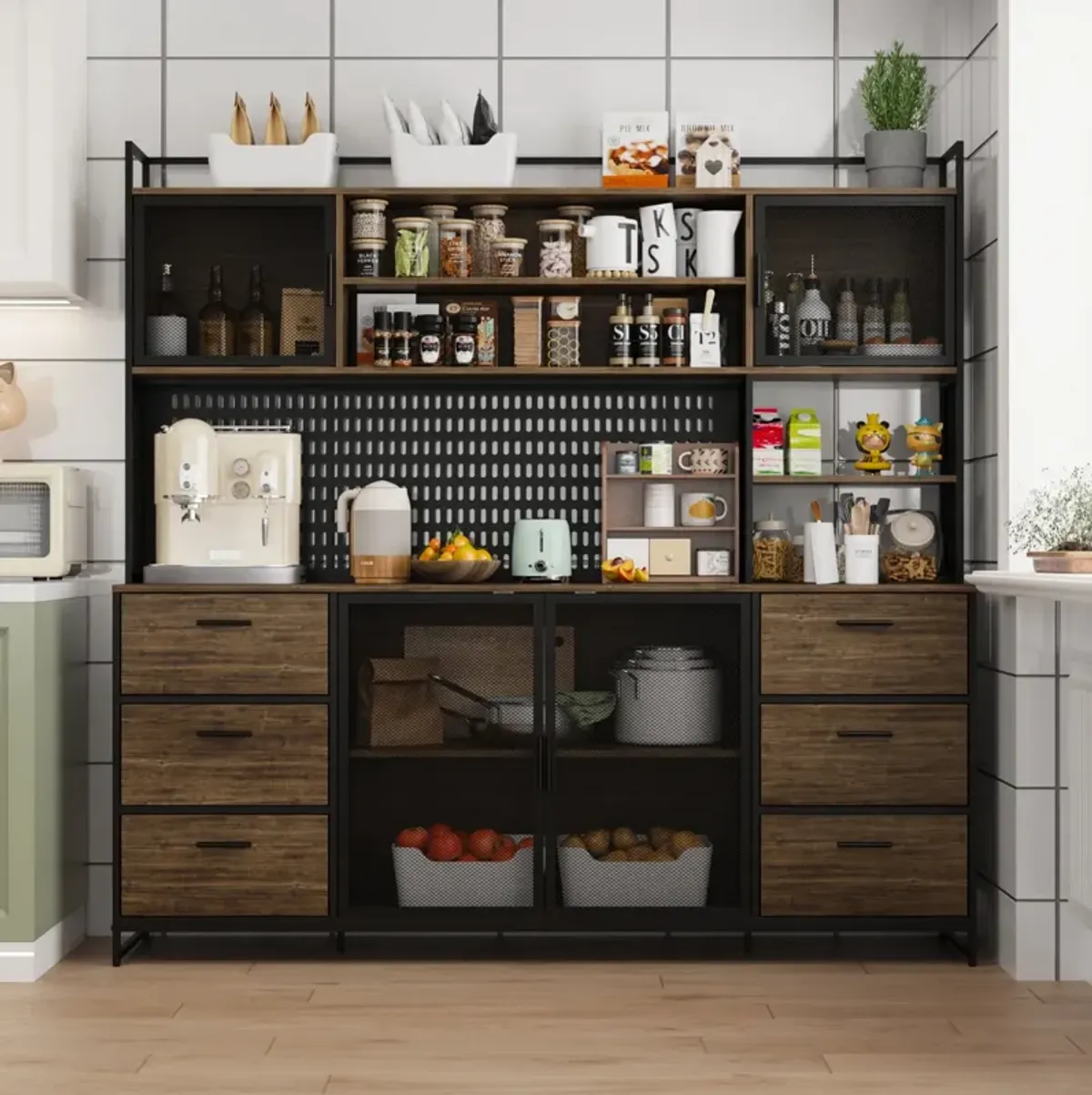 FUFU&GAGA Industrial Kitchen Pantry Storage Cabinet with Shelves and Drawers, (70.9" W x 15.7" D x 68.5" H) Brown and Black