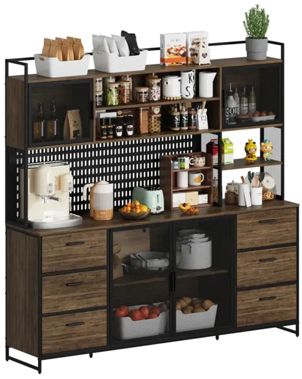 FUFU&GAGA Industrial Kitchen Pantry Storage Cabinet with Shelves and Drawers, (70.9" W x 15.7" D x 68.5" H) Brown and Black