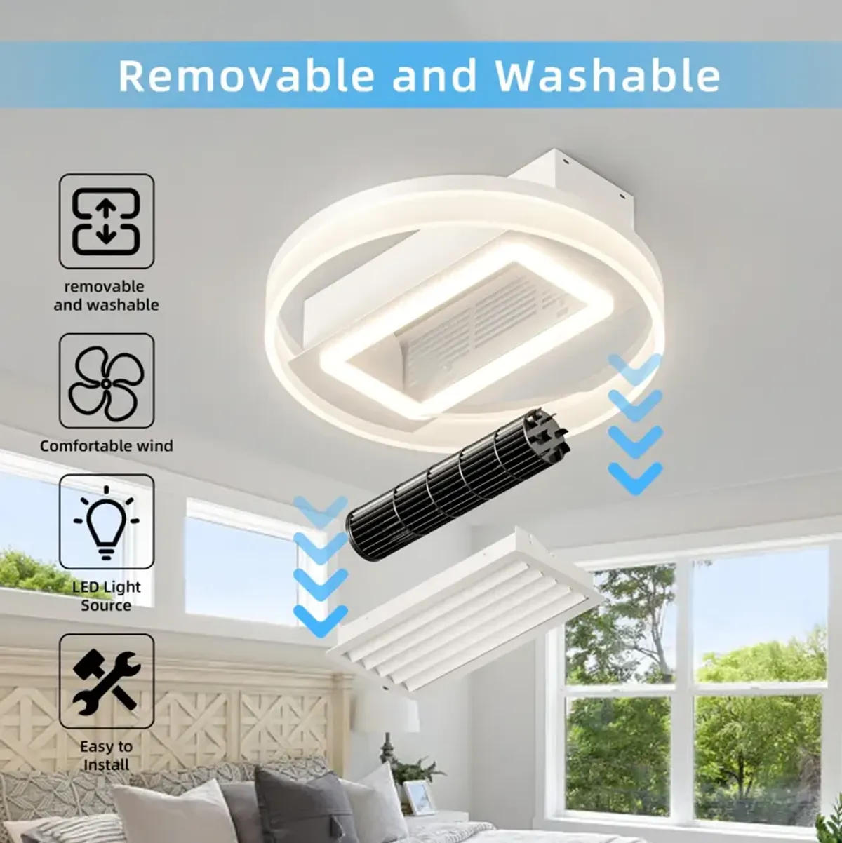 2 0" Modern Leafless Ceiling Fan With Remote Control Removable And Washable, Reversible Motor 0002