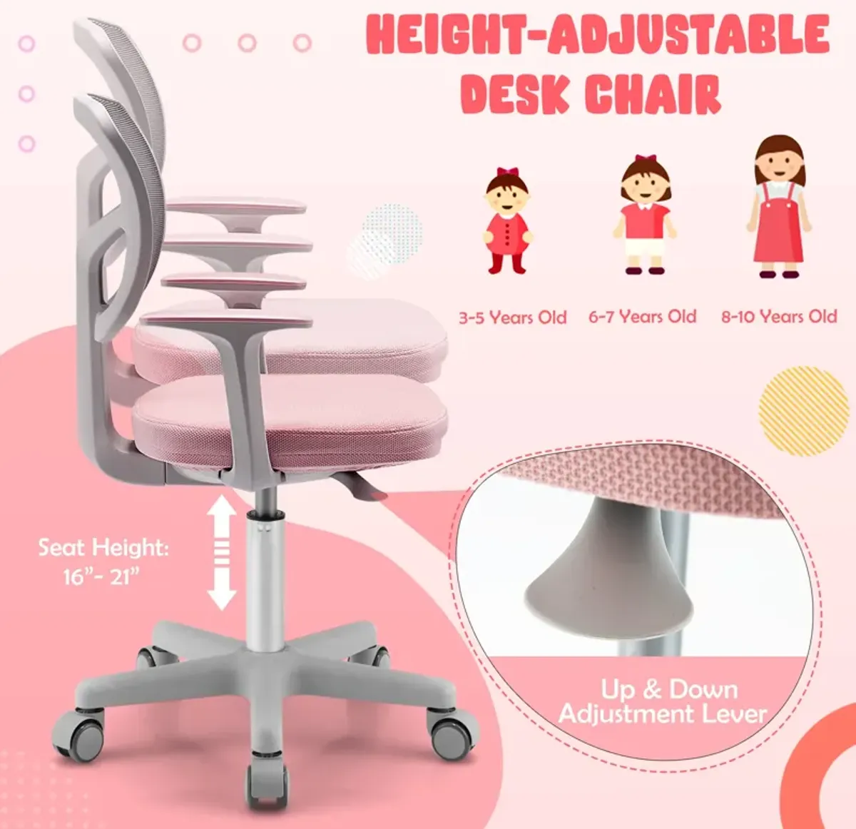 Adjustable Desk Chair with Auto Brake Casters for Kids