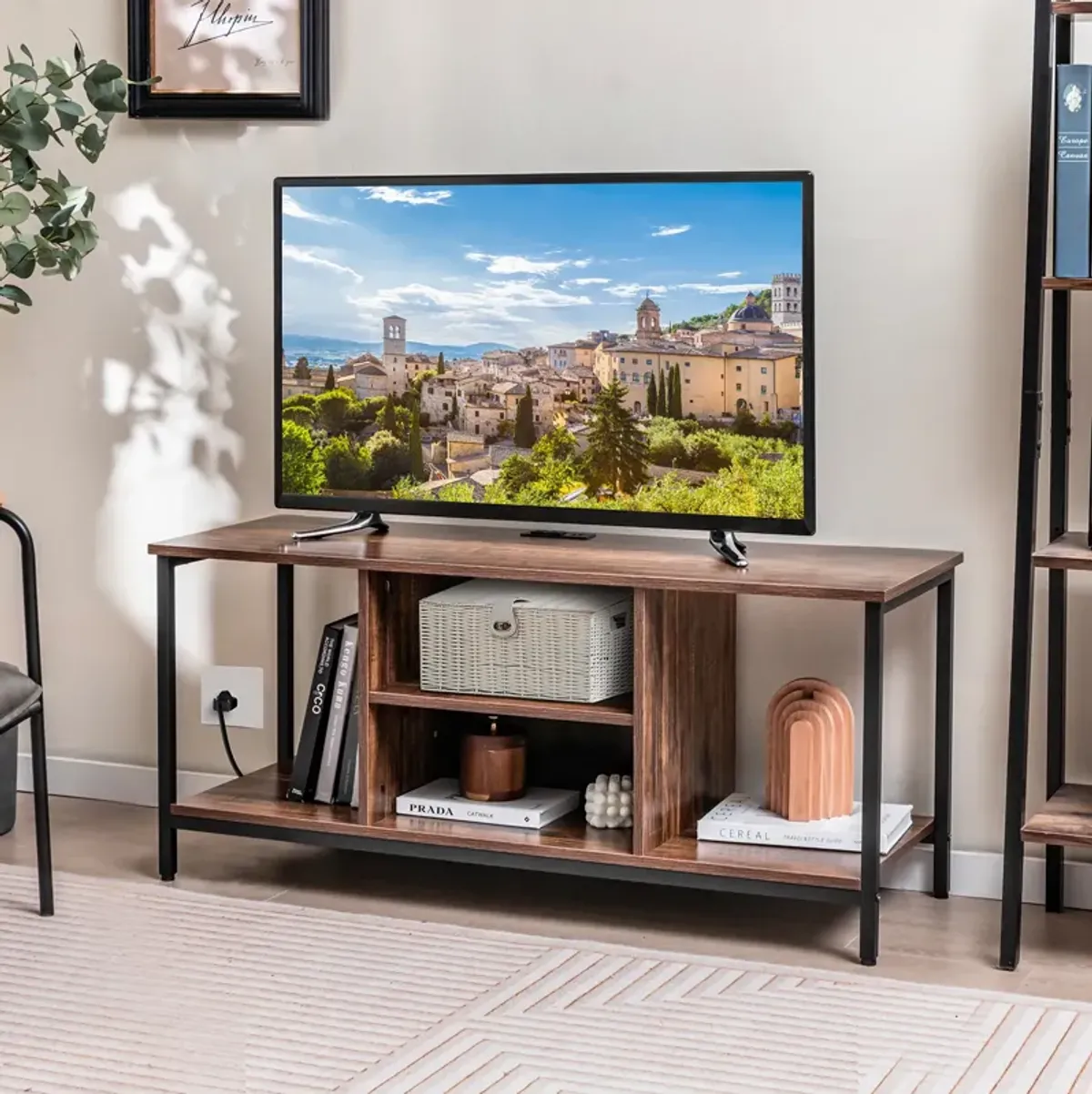 TV Stand Entertainment Center with Open Storage Shelves and Power Outlets to 50 Inches-Rustic Brown