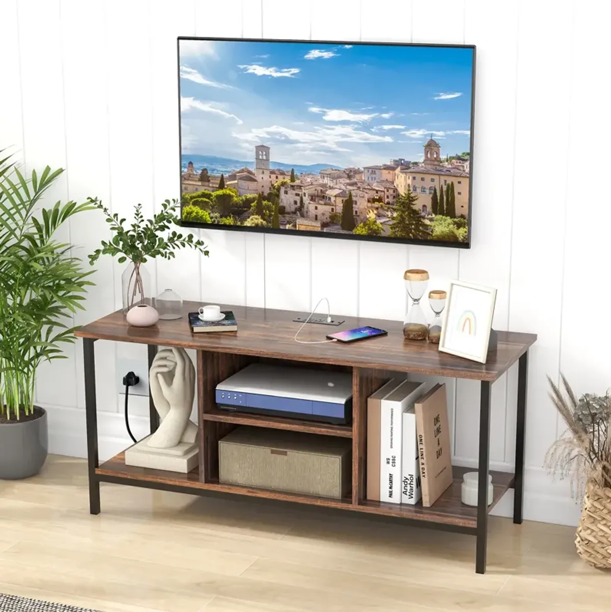 TV Stand Entertainment Center with Open Storage Shelves and Power Outlets to 50 Inches-Rustic Brown