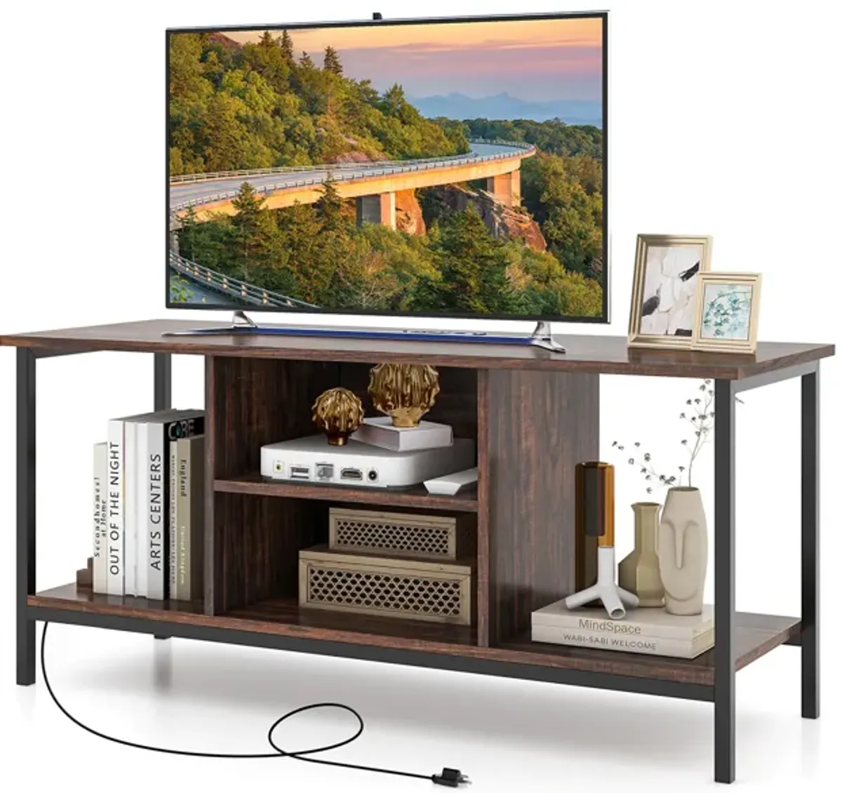 TV Stand Entertainment Center with Open Storage Shelves and Power Outlets to 50 Inches-Rustic Brown