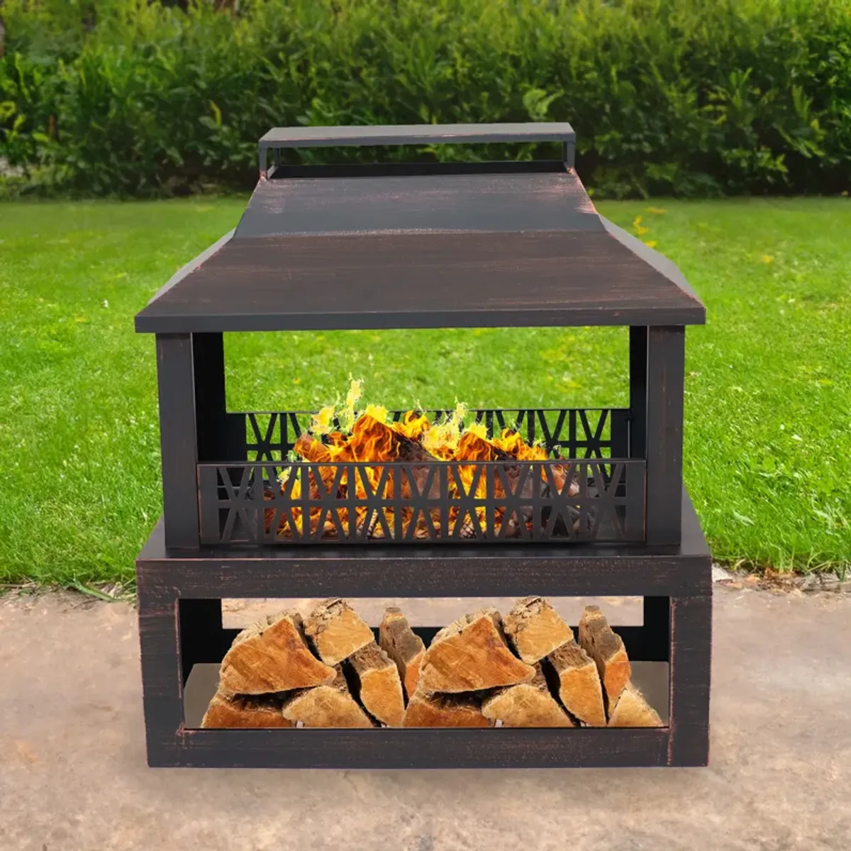 Sunnydaze 32 in Steel Outdoor Fireplace with Log Storage - Brushed Bronze