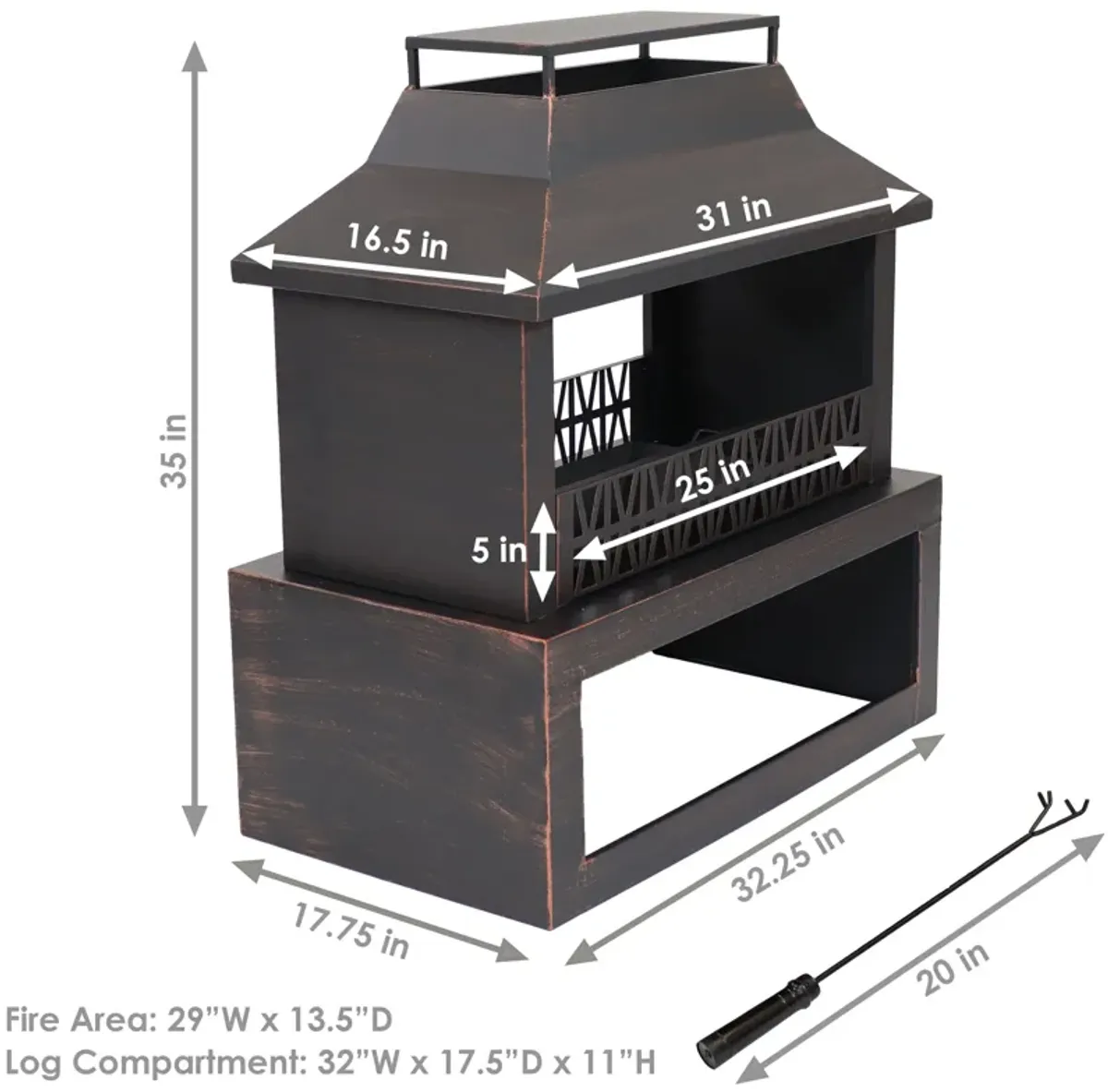 Sunnydaze 32 in Steel Outdoor Fireplace with Log Storage - Brushed Bronze