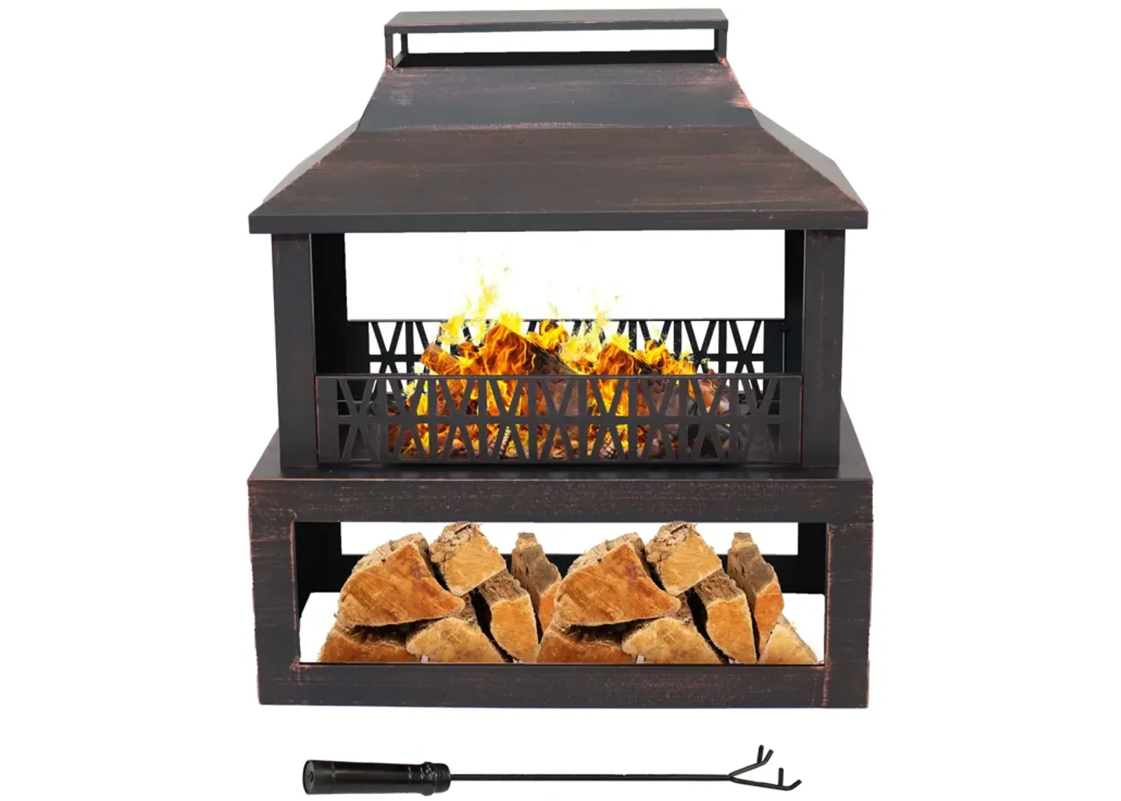 Sunnydaze 32 in Steel Outdoor Fireplace with Log Storage - Brushed Bronze