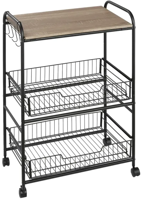 Oak Wood Kitchen Cart: 3-Tier Rolling Trolley with Baskets, Hooks