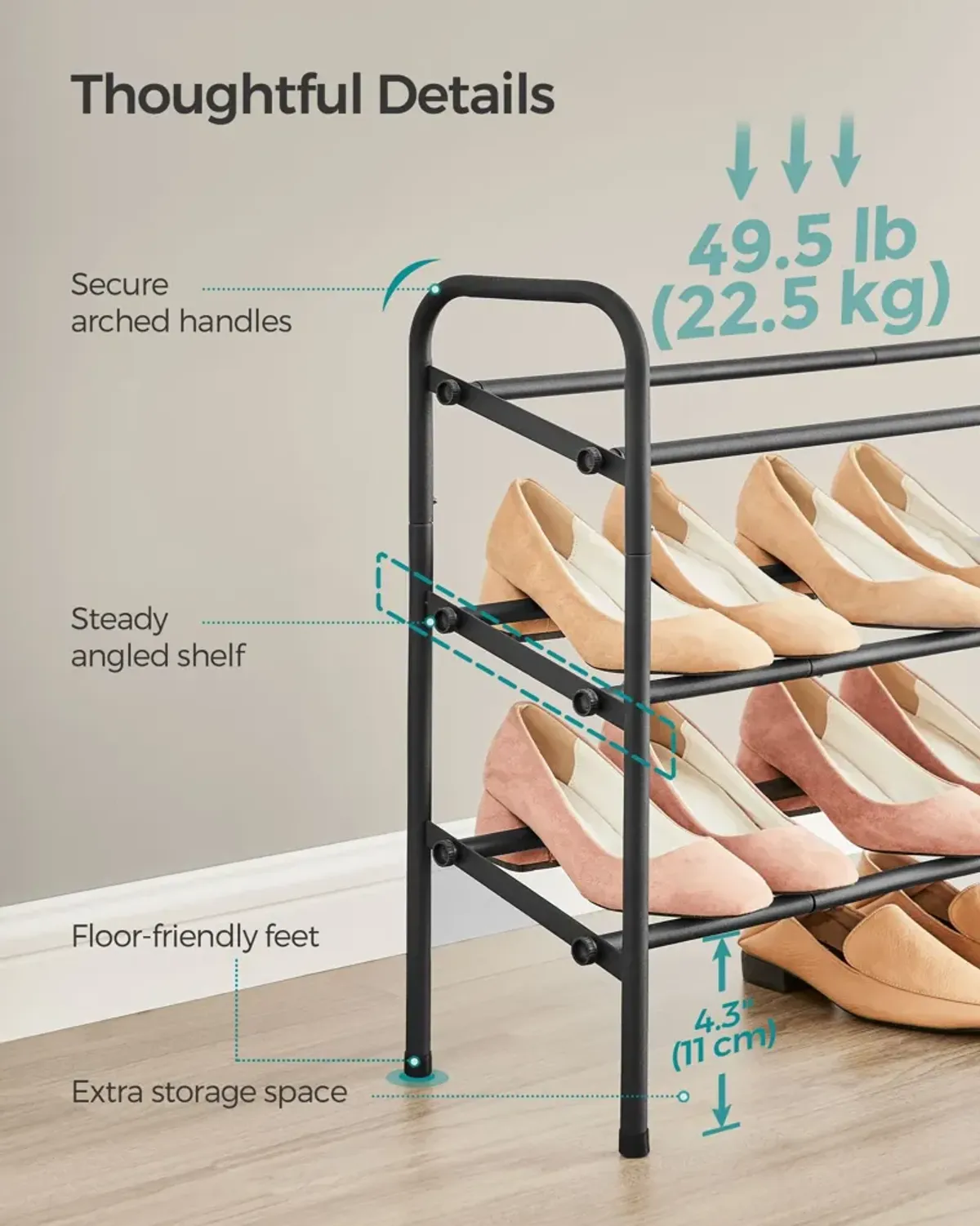 3-Tier Sturdy Metal Shoe Rack Organizer with Durable Shelves for Space-Saving Storage