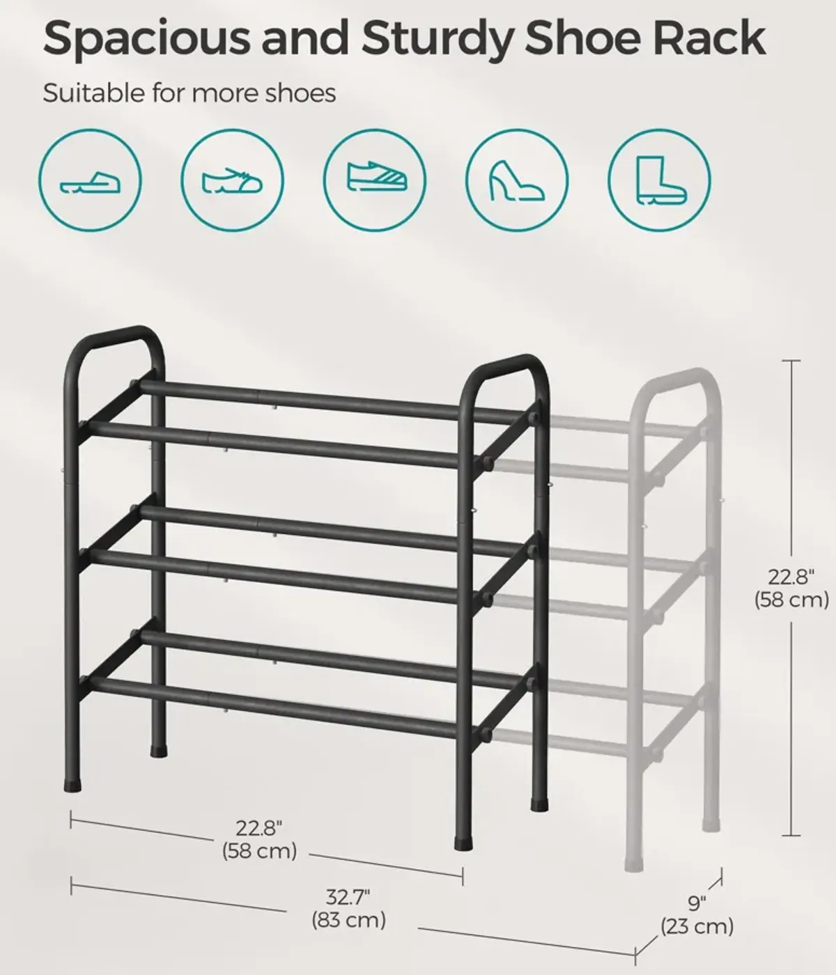 3-Tier Sturdy Metal Shoe Rack Organizer with Durable Shelves for Space-Saving Storage