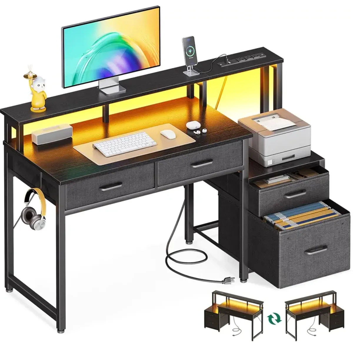 AODK 48-Inch Computer Desk with Fabric File Cabinet and Fabric Drawers, Reversible Office Desk with LED Strip and Power Strip, G