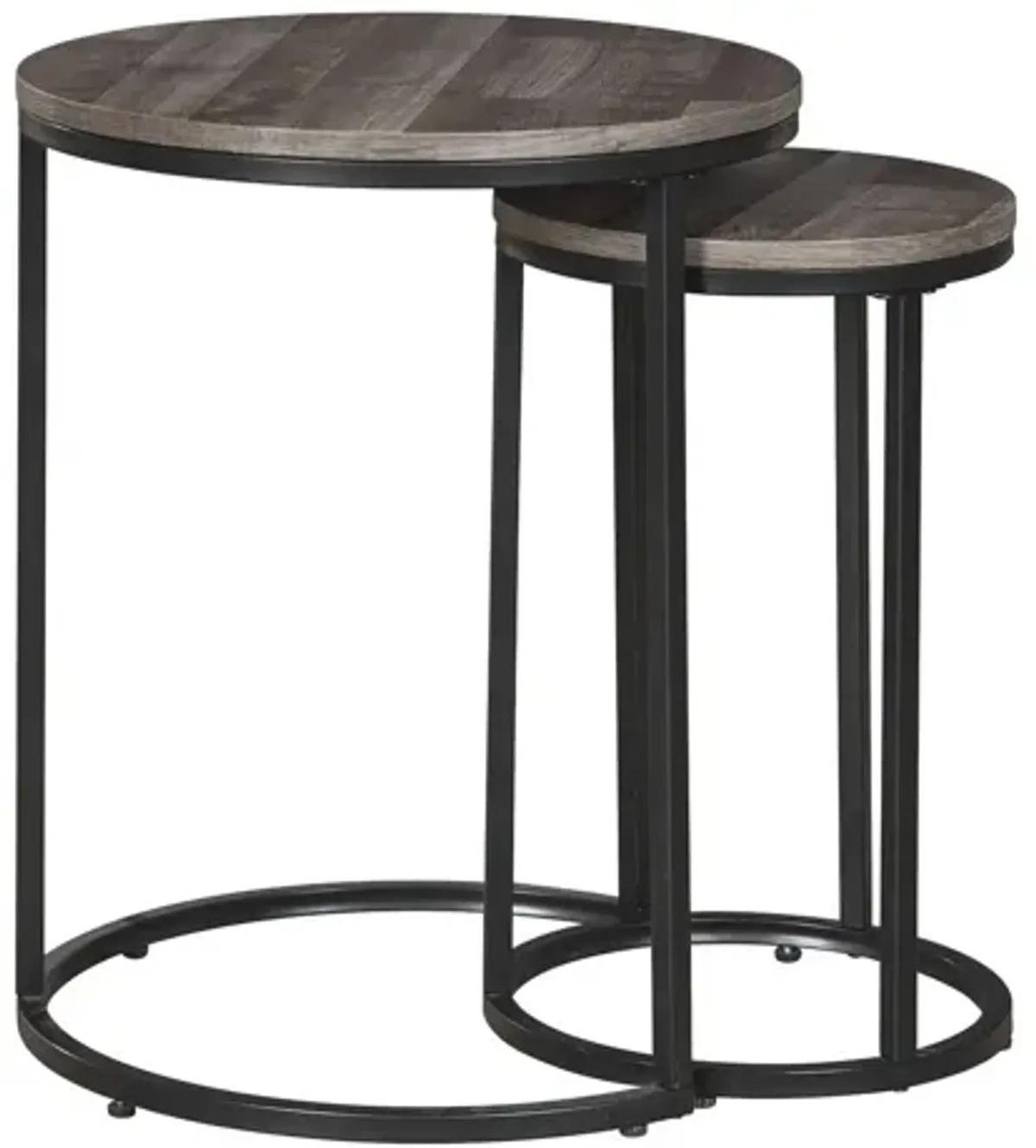 Round Wooden Top Metal Accent Table, Set of 2, Gray and Black-Benzara