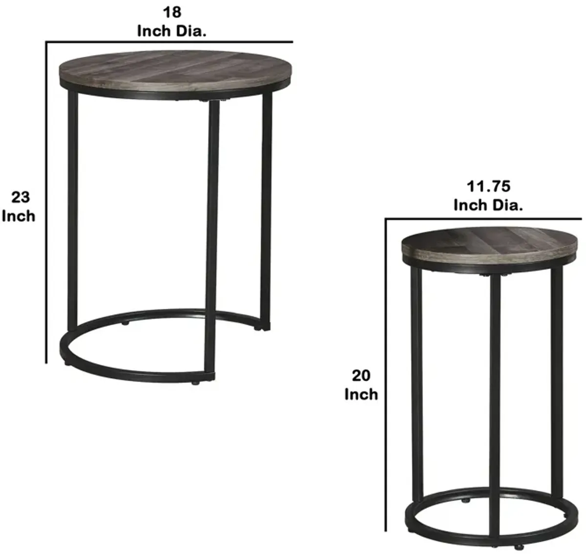 Round Wooden Top Metal Accent Table, Set of 2, Gray and Black-Benzara