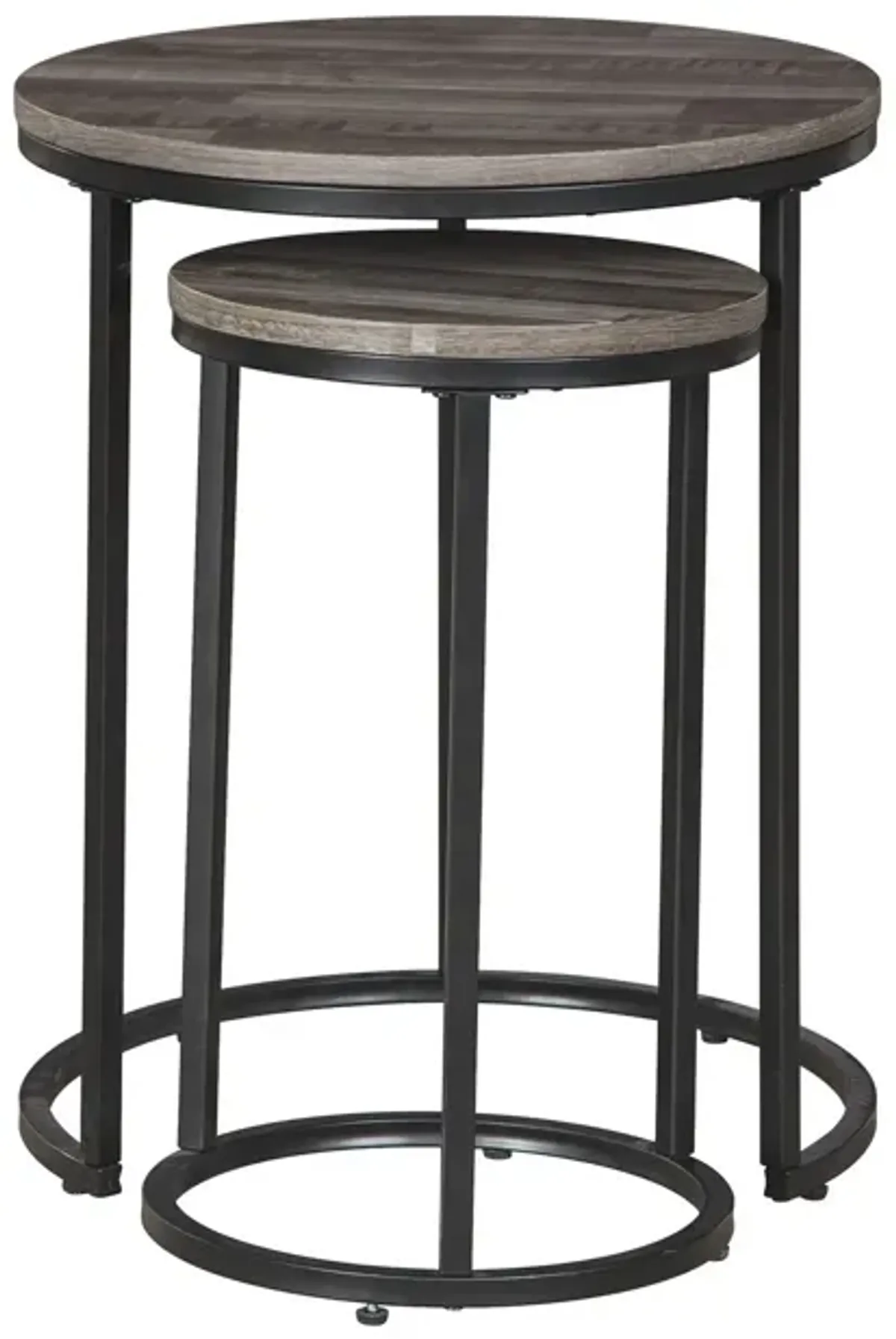 Round Wooden Top Metal Accent Table, Set of 2, Gray and Black-Benzara