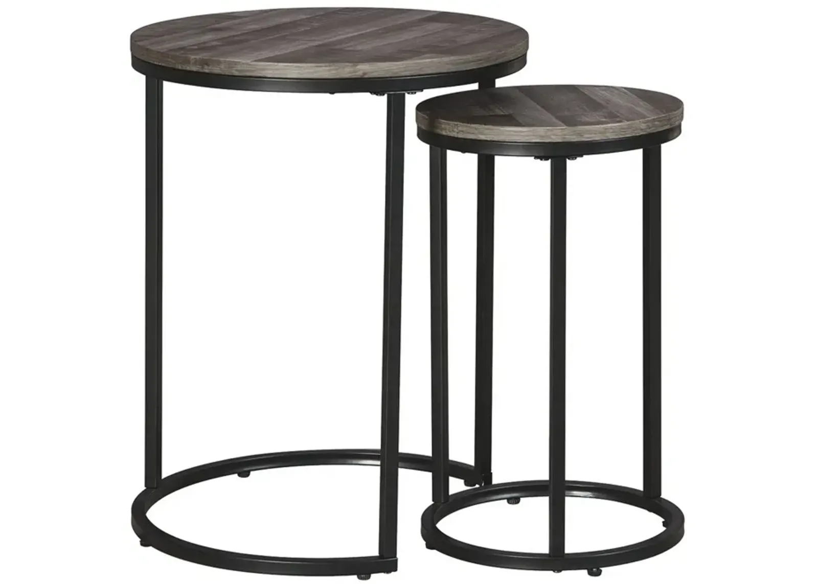 Round Wooden Top Metal Accent Table, Set of 2, Gray and Black-Benzara