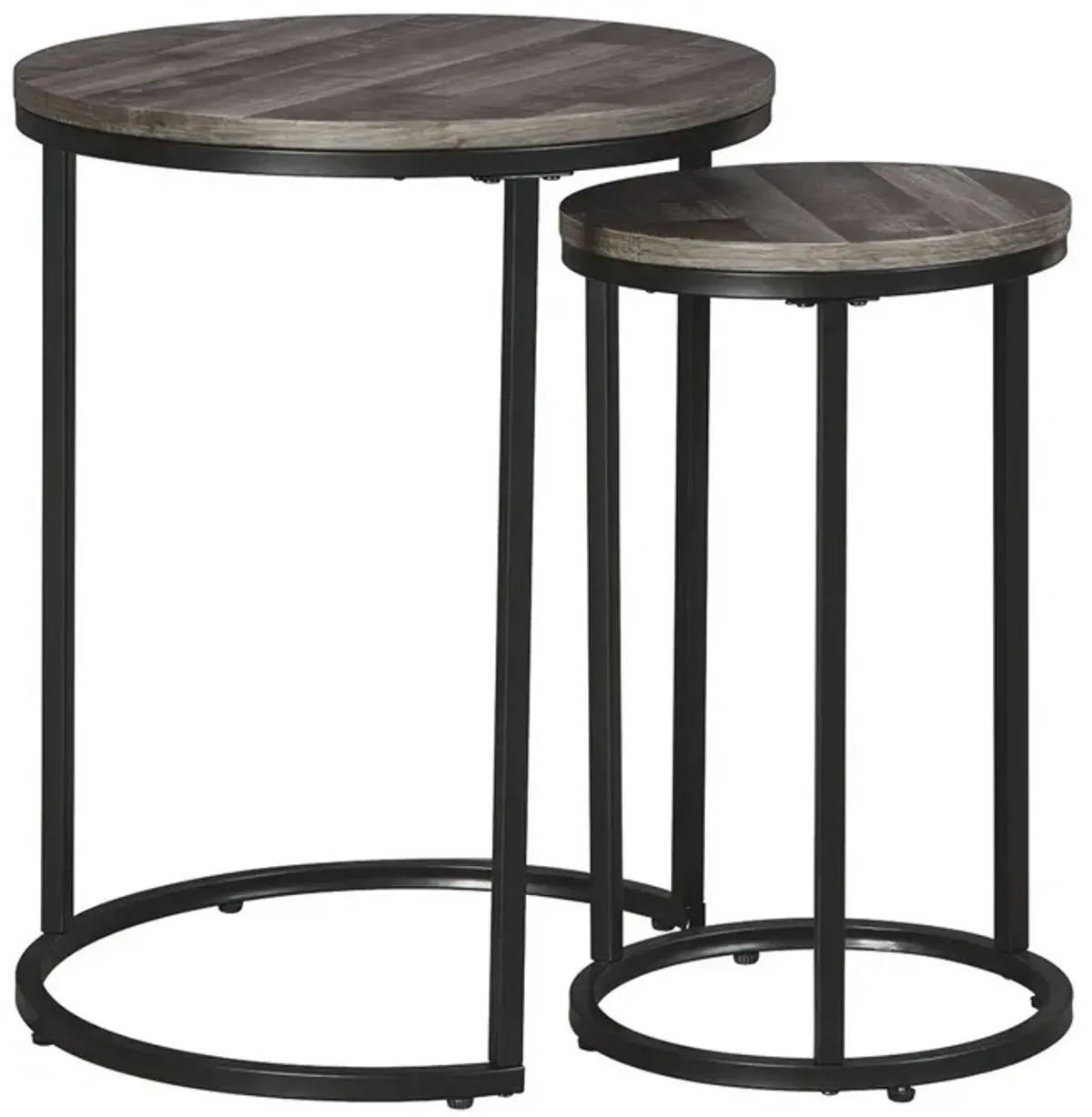 Round Wooden Top Metal Accent Table, Set of 2, Gray and Black-Benzara