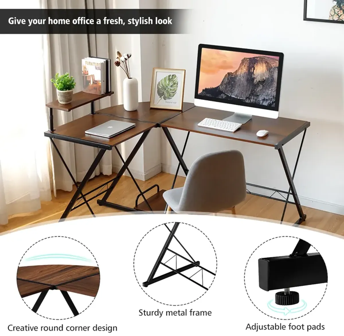 Costway 58'' x 44'' L-Shaped Computer Gaming Desk w/ Monitor Stand & Host Tray Home Office Antique