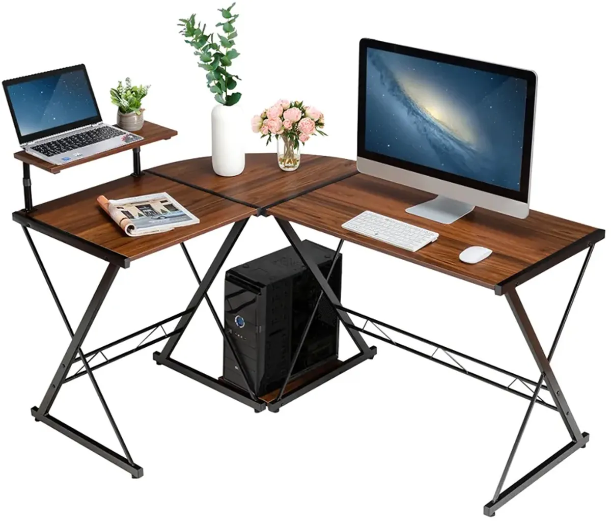 Costway 58'' x 44'' L-Shaped Computer Gaming Desk w/ Monitor Stand & Host Tray Home Office Antique