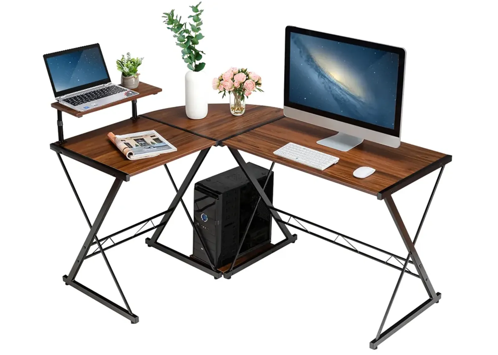 Costway 58'' x 44'' L-Shaped Computer Gaming Desk w/ Monitor Stand & Host Tray Home Office Antique