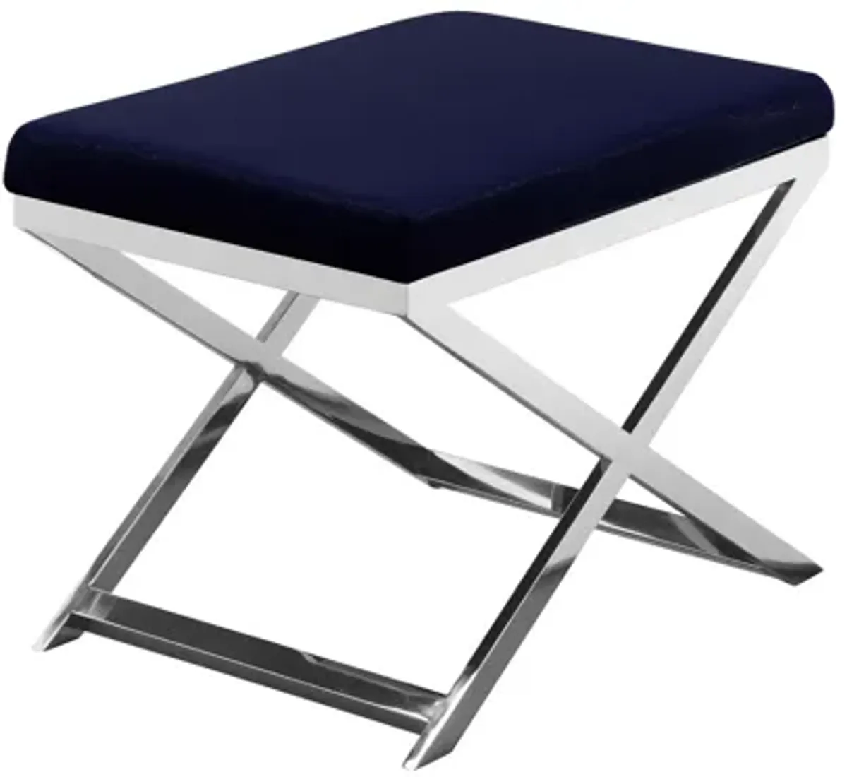 Sovi 20 Inch Accent Stool Ottoman, X Shape Steel Legs, Navy Blue Velvet - Benzara