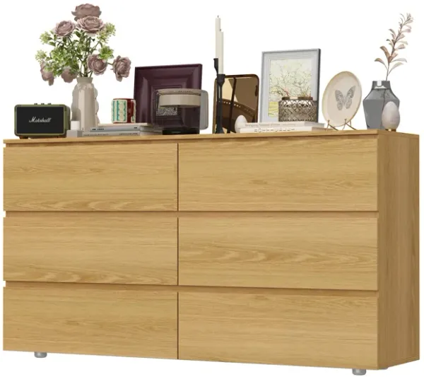 FUFU&GAGA 6-Drawer Natural Oak Dresser, Handle-Free Wooden Storage Cabinet for Bedroom or Vanity Area, (32.3 in. H x 59 in. W x 15.7 in. D),Yellow