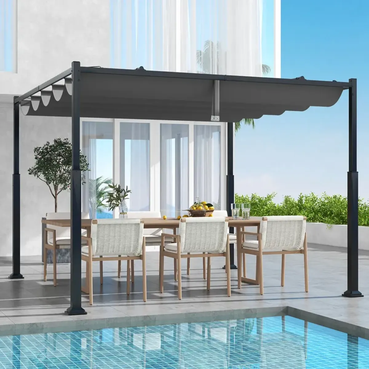 Outdoor Pergola with Retractable Canopy and Metal Columns