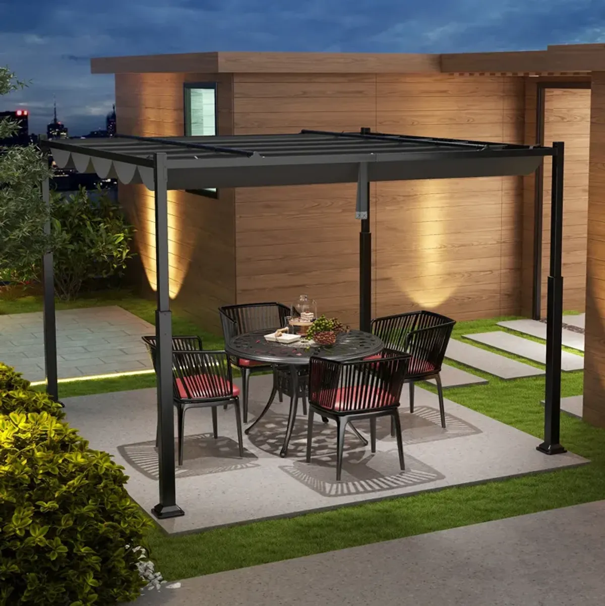 Outdoor Pergola with Retractable Canopy and Metal Columns