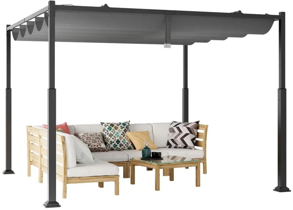 Outdoor Pergola with Retractable Canopy and Metal Columns