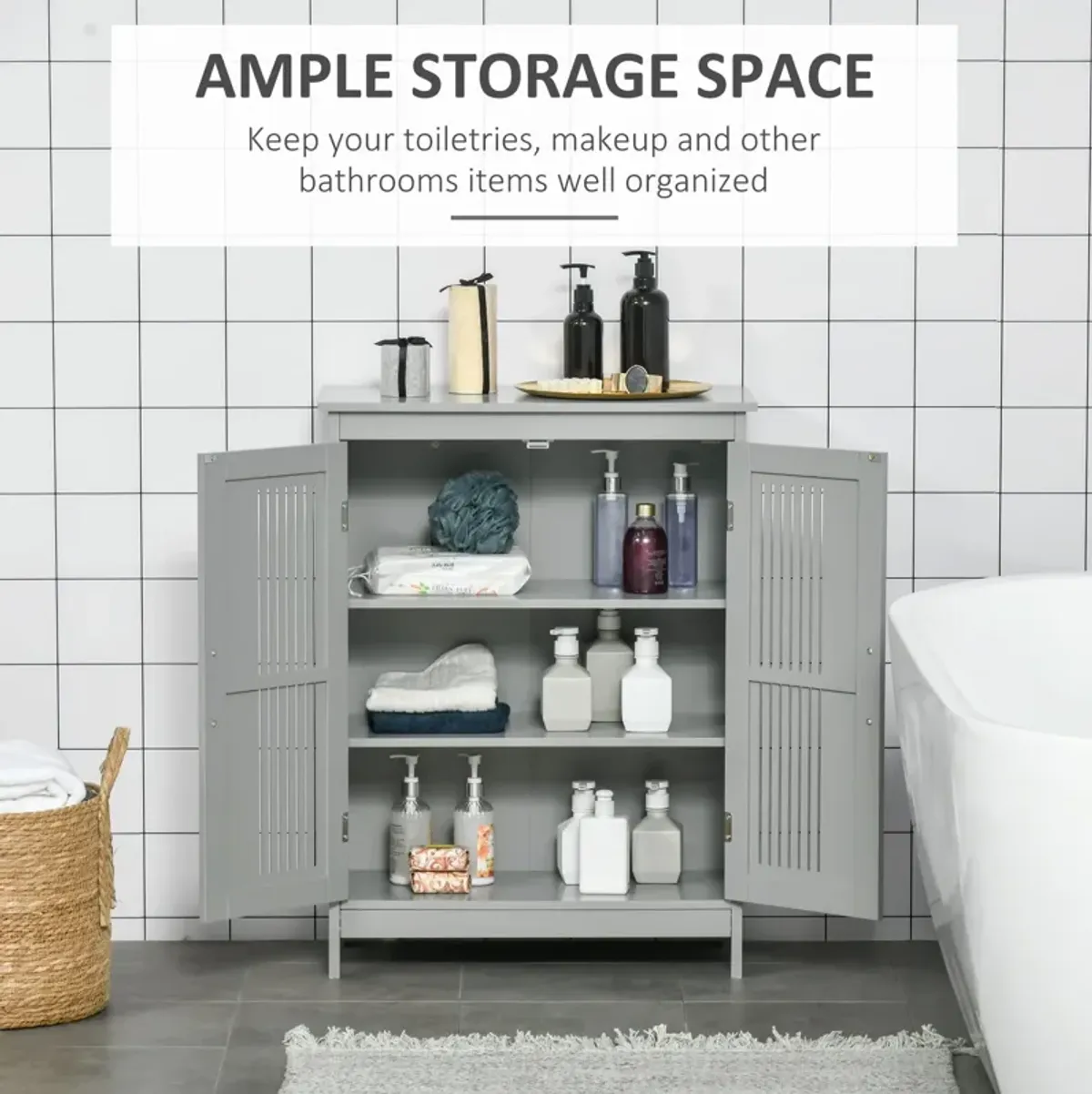 Grey Bathroom Storage: Modern Floor Cabinet with 3-Tier Shelves