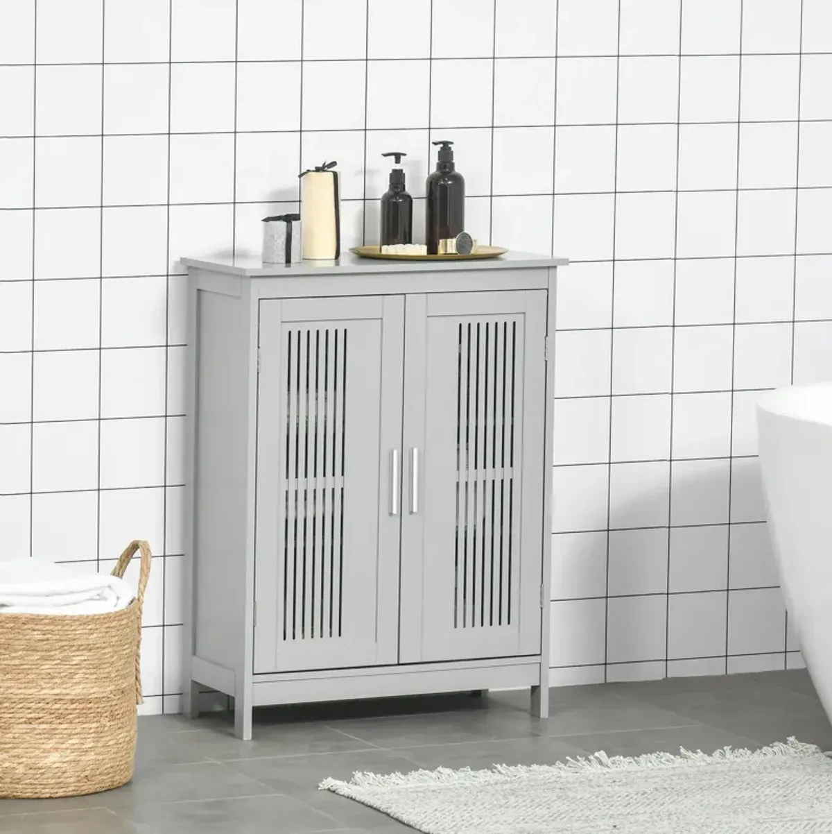 Grey Bathroom Storage: Modern Floor Cabinet with 3-Tier Shelves