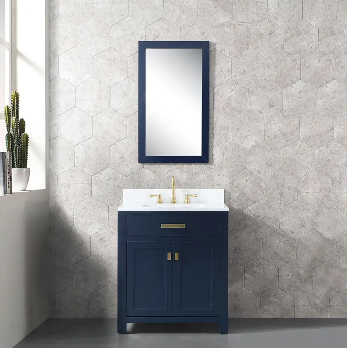 Madison 30 In. Single Sink Carrara White Marble Countertop Bath Vanity In Monarch Blue with Satin Gold Hardware