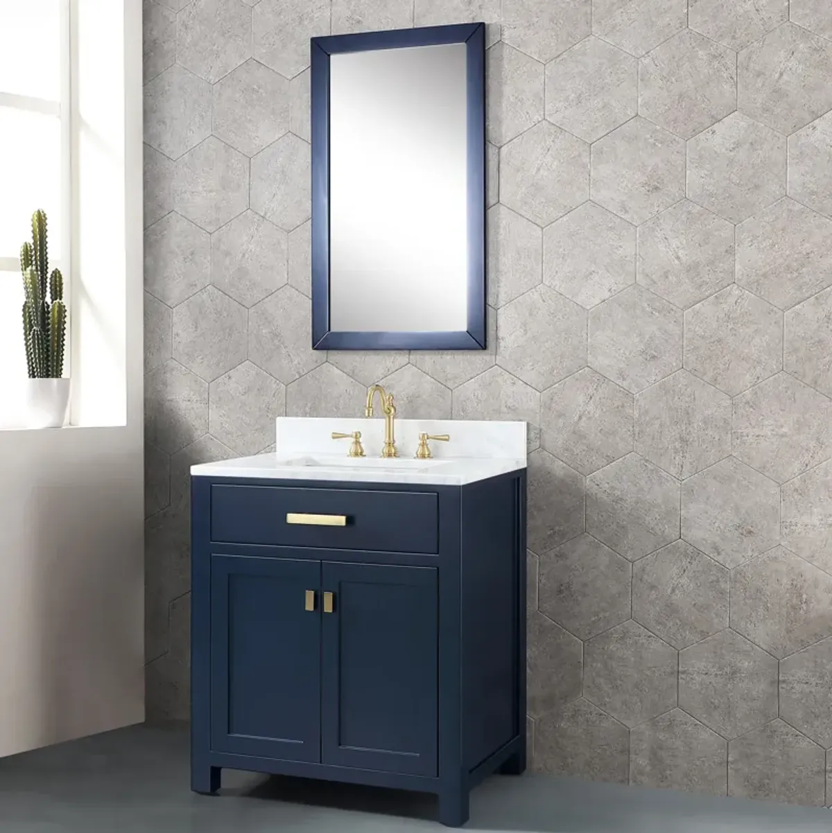 Madison 30 In. Single Sink Carrara White Marble Countertop Bath Vanity In Monarch Blue with Satin Gold Hardware