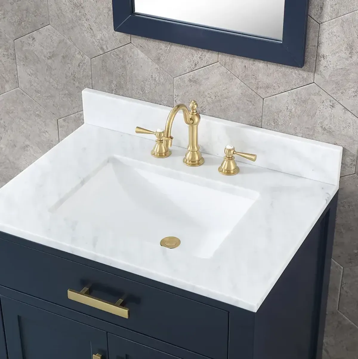 Madison 30 In. Single Sink Carrara White Marble Countertop Bath Vanity In Monarch Blue with Satin Gold Hardware