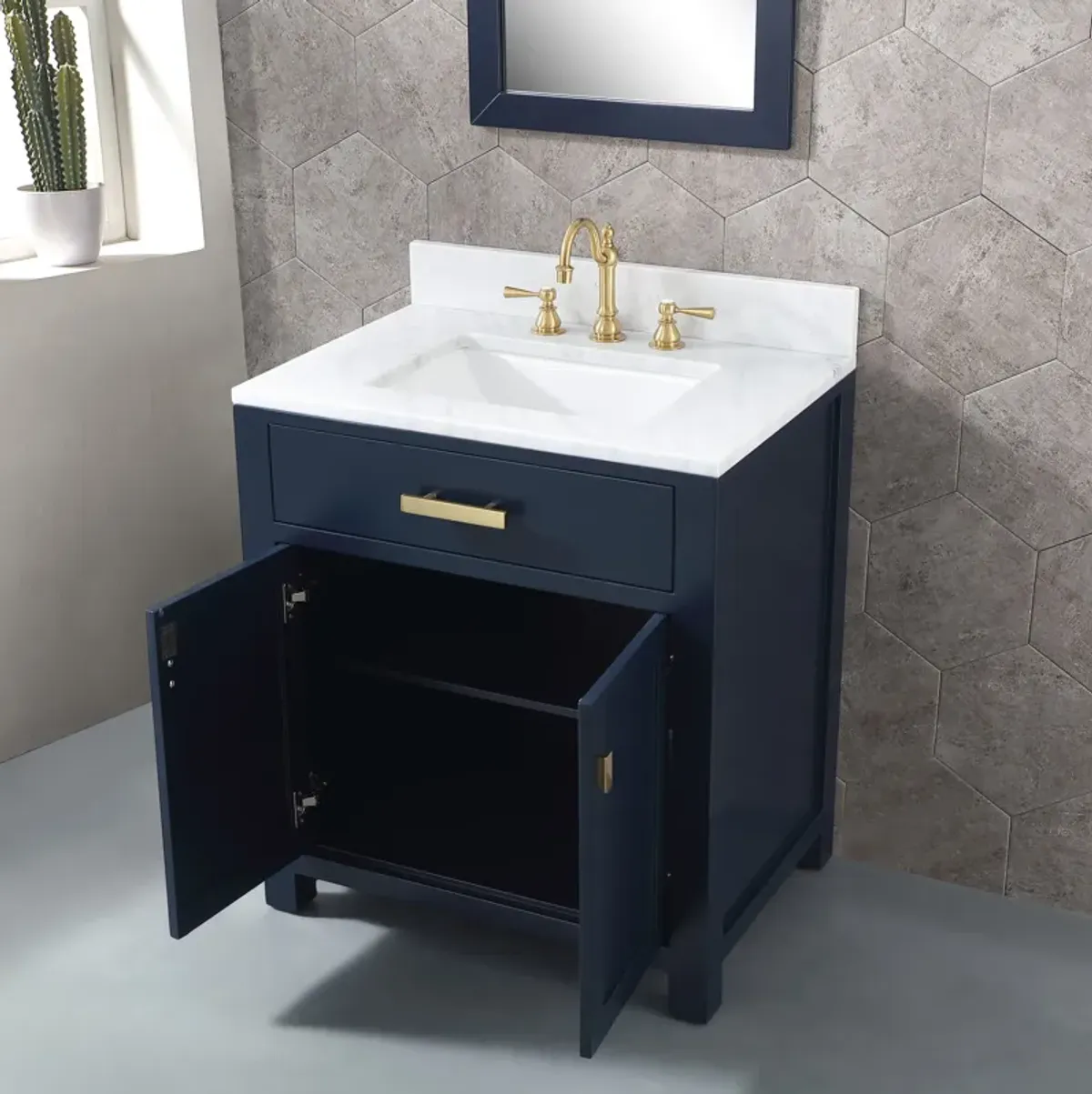 Madison 30 In. Single Sink Carrara White Marble Countertop Bath Vanity In Monarch Blue with Satin Gold Hardware