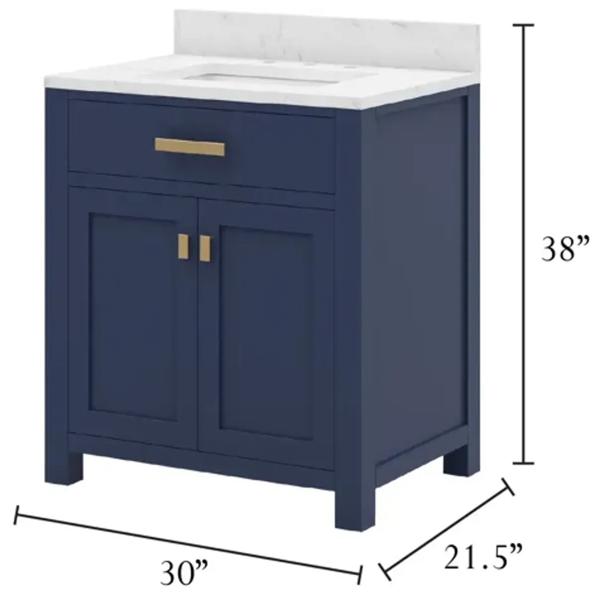 Madison 30 In. Single Sink Carrara White Marble Countertop Bath Vanity In Monarch Blue with Satin Gold Hardware