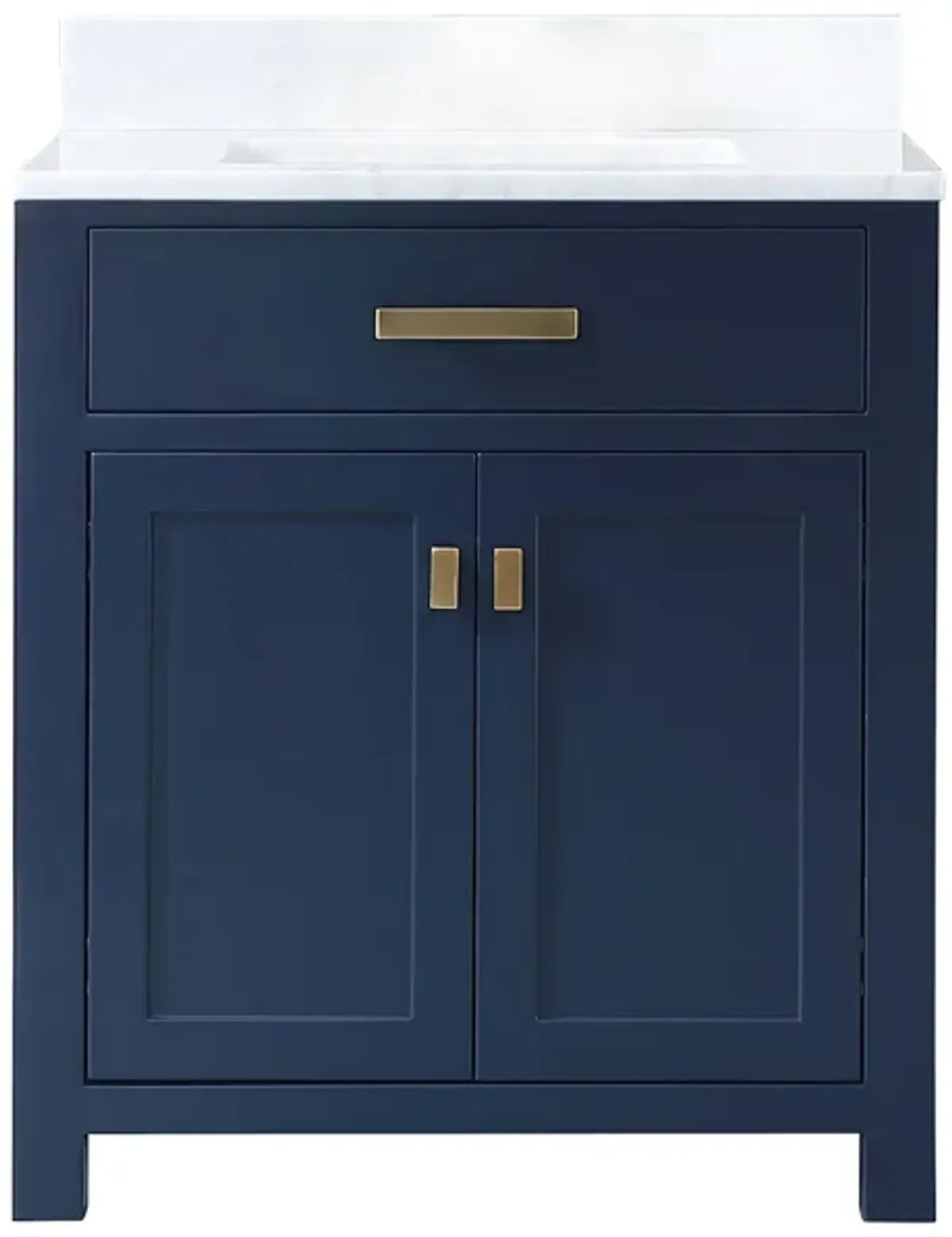 Madison 30 In. Single Sink Carrara White Marble Countertop Bath Vanity In Monarch Blue with Satin Gold Hardware